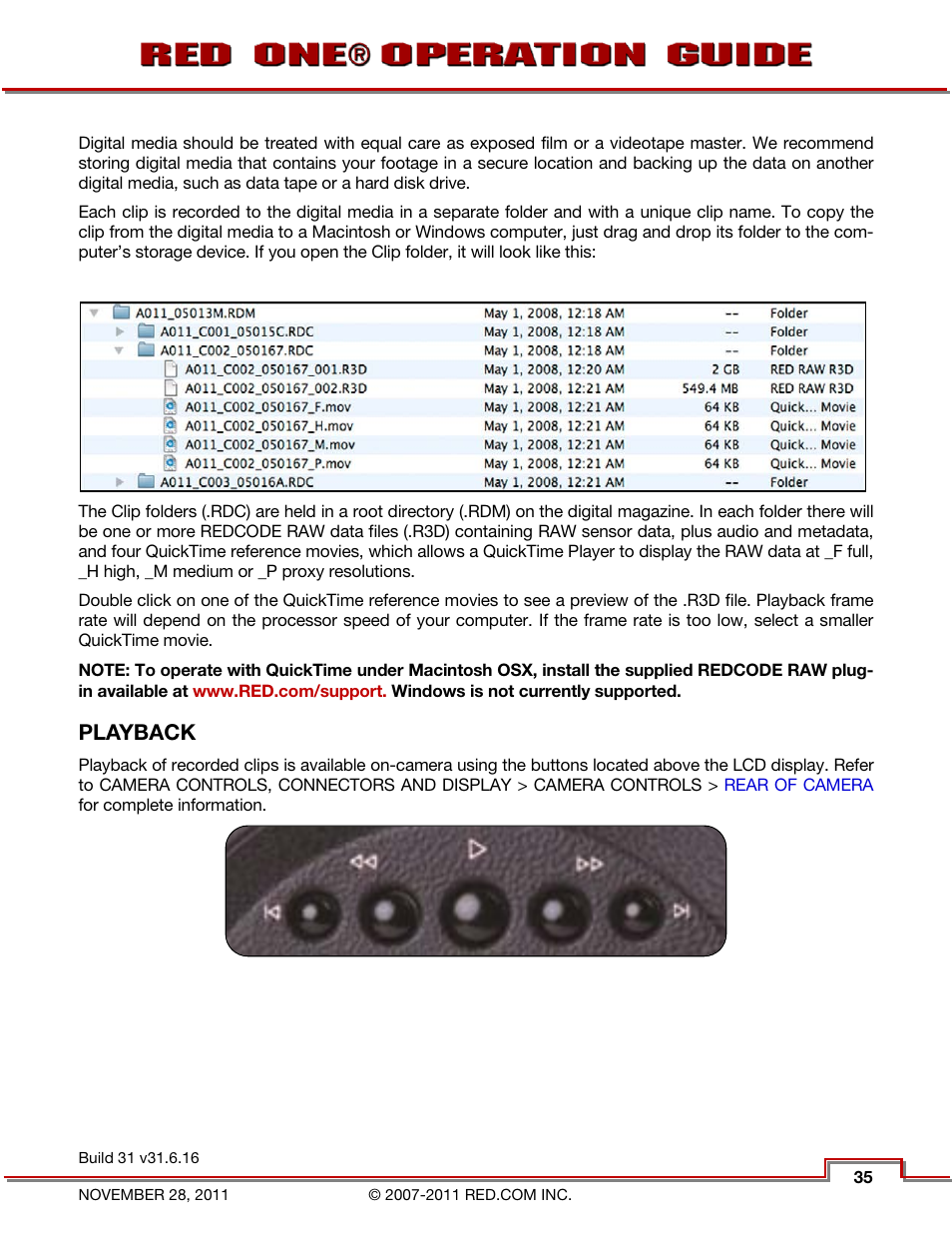 Playback, Back focus | RED ONE OPERATION GUIDE User Manual | Page 36 / 165