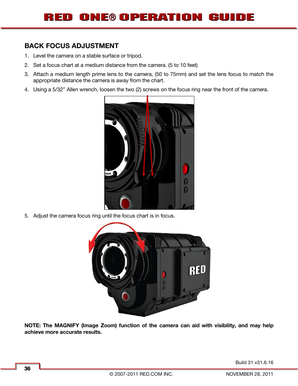 Back focus adjustment | RED ONE OPERATION GUIDE User Manual | Page 37 / 165