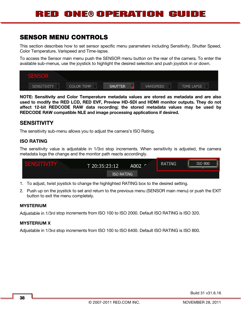 Sensor menu controls, Sensitivity, Iso rating | Mysterium, Mysterium x, Auto wb, Color temperature, Sensor | RED ONE OPERATION GUIDE User Manual | Page 39 / 165