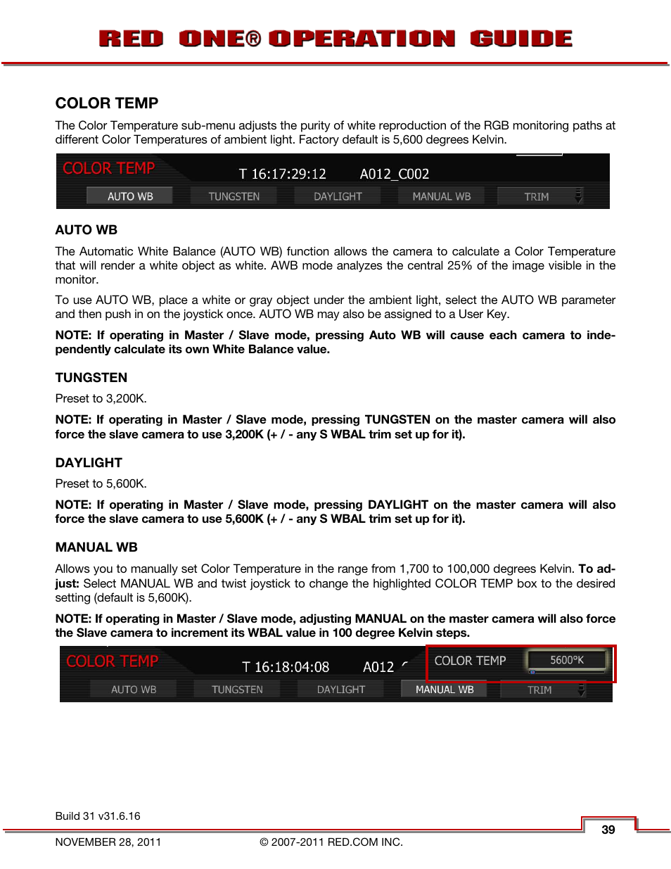 Color temp, Auto wb, Tungsten | Daylight, Manual wb | RED ONE OPERATION GUIDE User Manual | Page 40 / 165