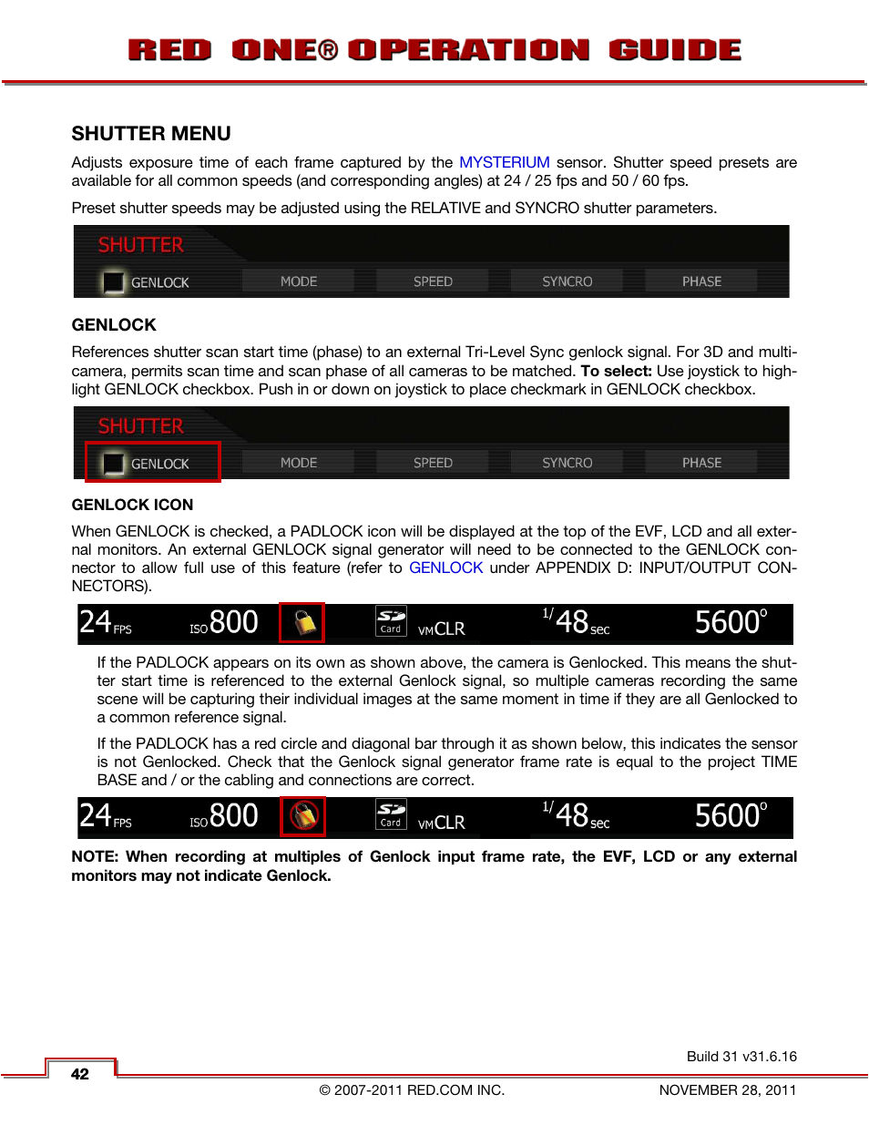 Shutter menu, Genlock, Genlock icon | RED ONE OPERATION GUIDE User Manual | Page 43 / 165