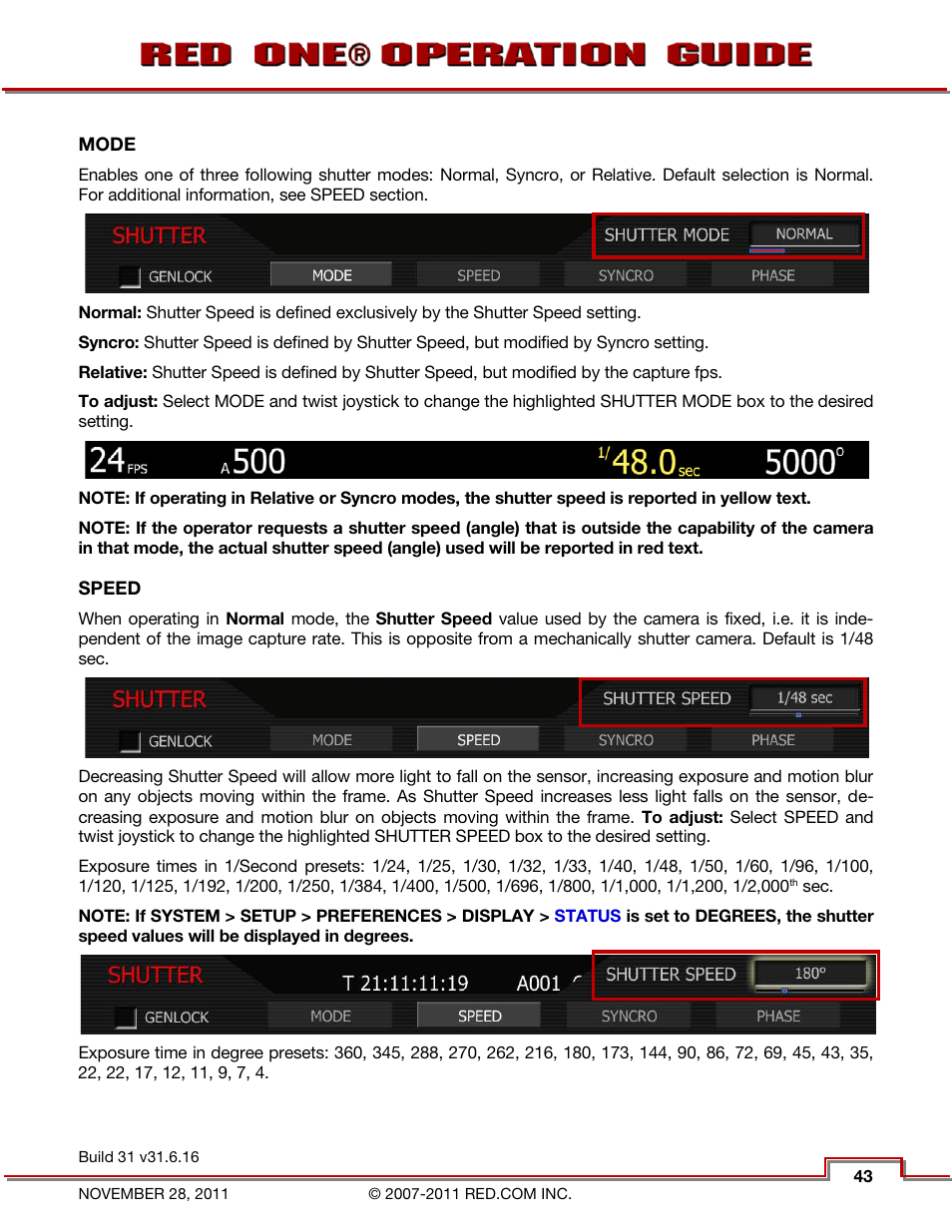 Mode, Speed | RED ONE OPERATION GUIDE User Manual | Page 44 / 165