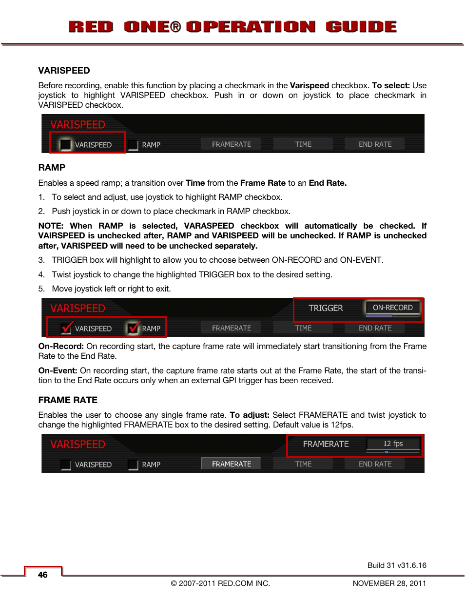 Varispeed, Ramp, Frame rate | RED ONE OPERATION GUIDE User Manual | Page 47 / 165