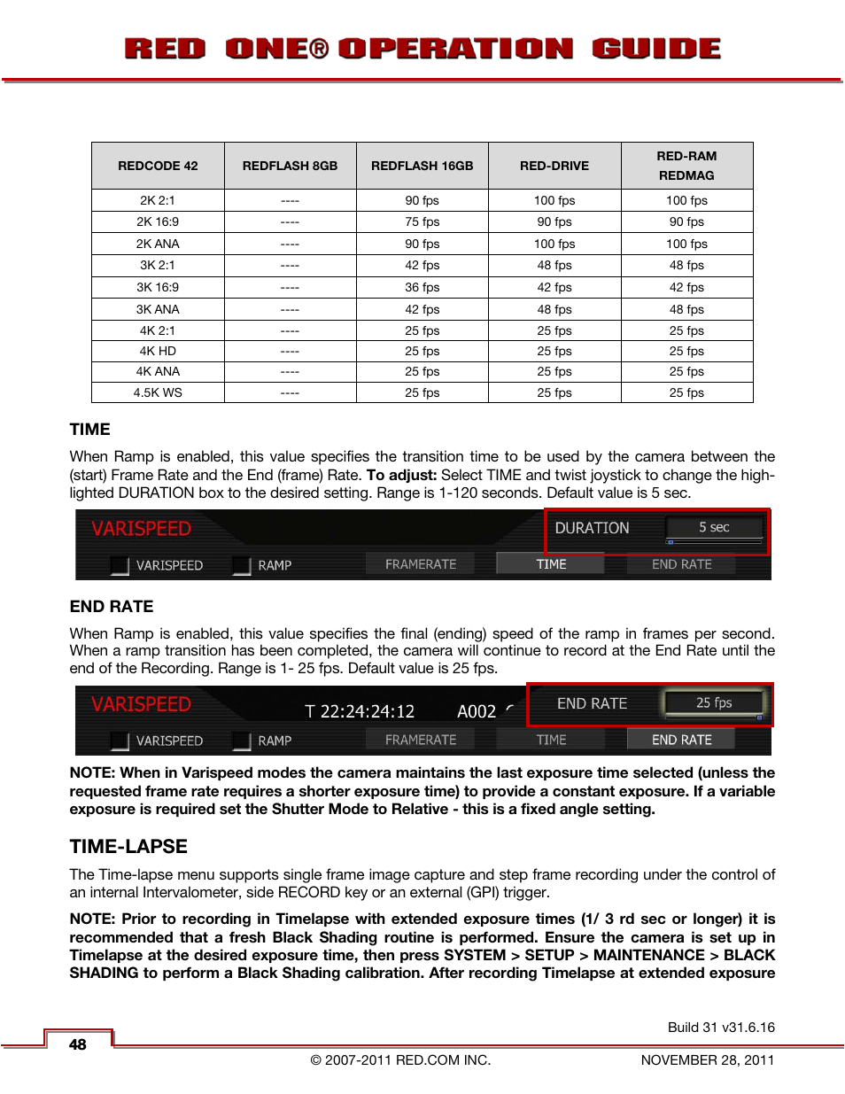Time, End rate, Time-lapse | RED ONE OPERATION GUIDE User Manual | Page 49 / 165