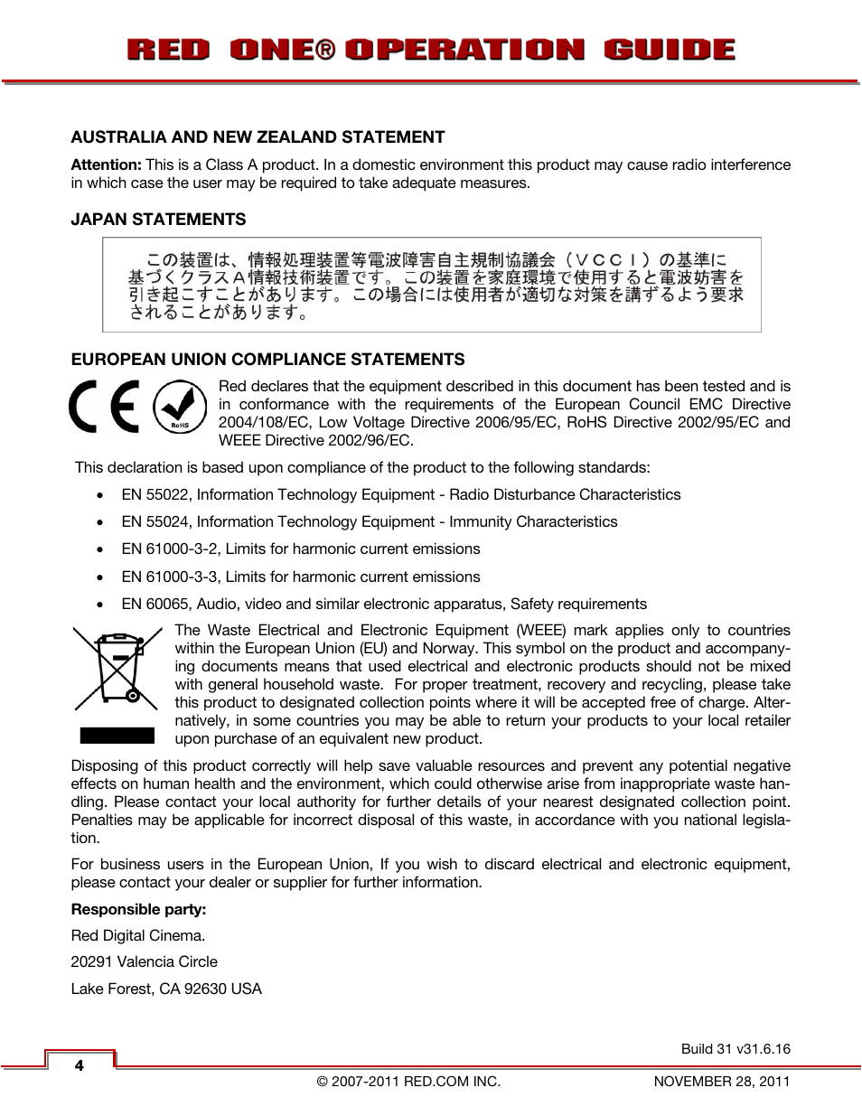 Australia and new zealand statement, Japan statements, European union compliance statements | Australia and new, Zealand statement | RED ONE OPERATION GUIDE User Manual | Page 5 / 165