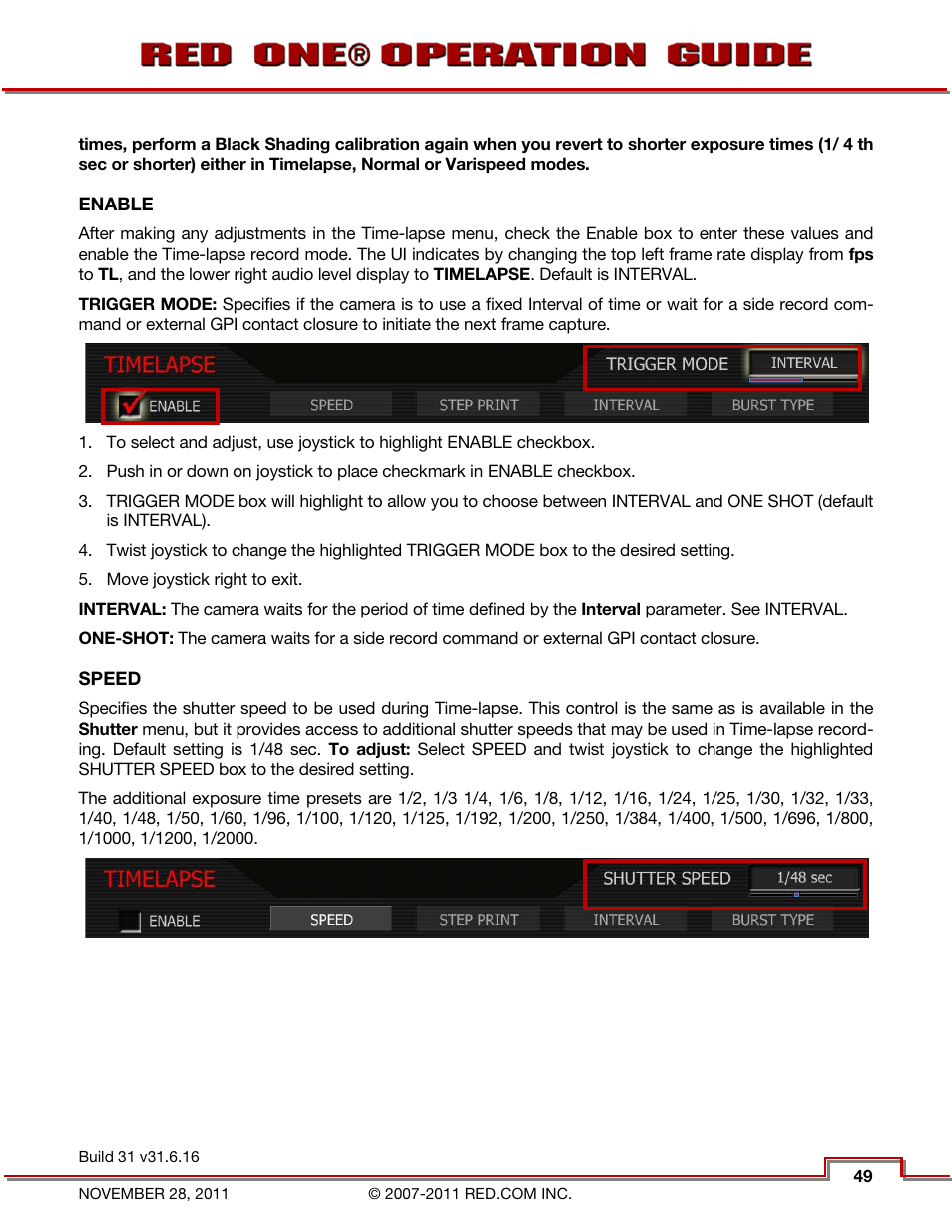 Enable, Speed | RED ONE OPERATION GUIDE User Manual | Page 50 / 165