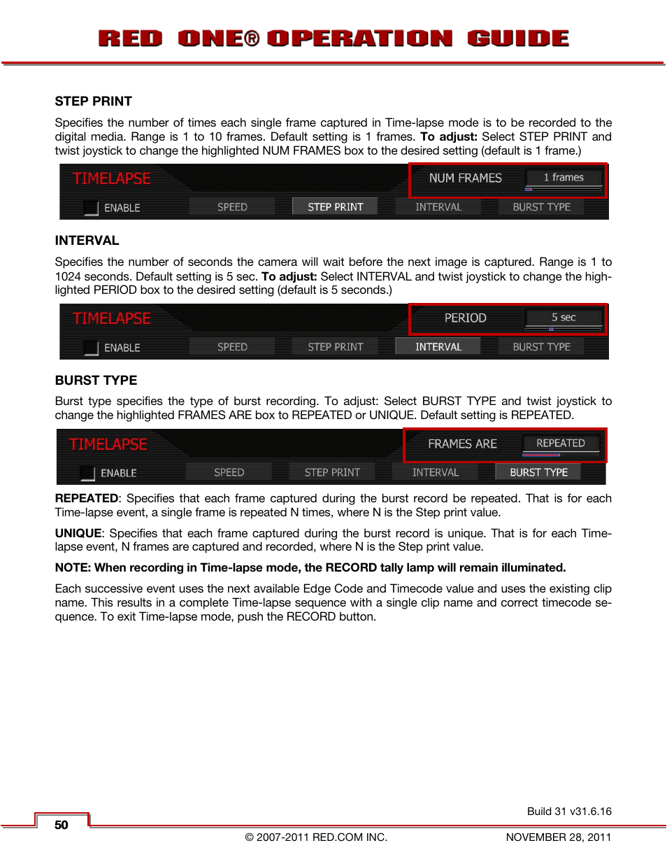 Step print, Interval, Burst type | Audio | RED ONE OPERATION GUIDE User Manual | Page 51 / 165