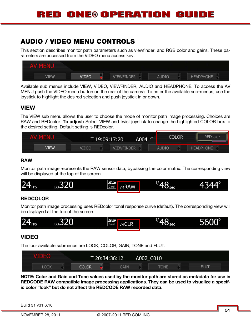 Audio / video menu controls, View, Redcolor | Video | RED ONE OPERATION GUIDE User Manual | Page 52 / 165