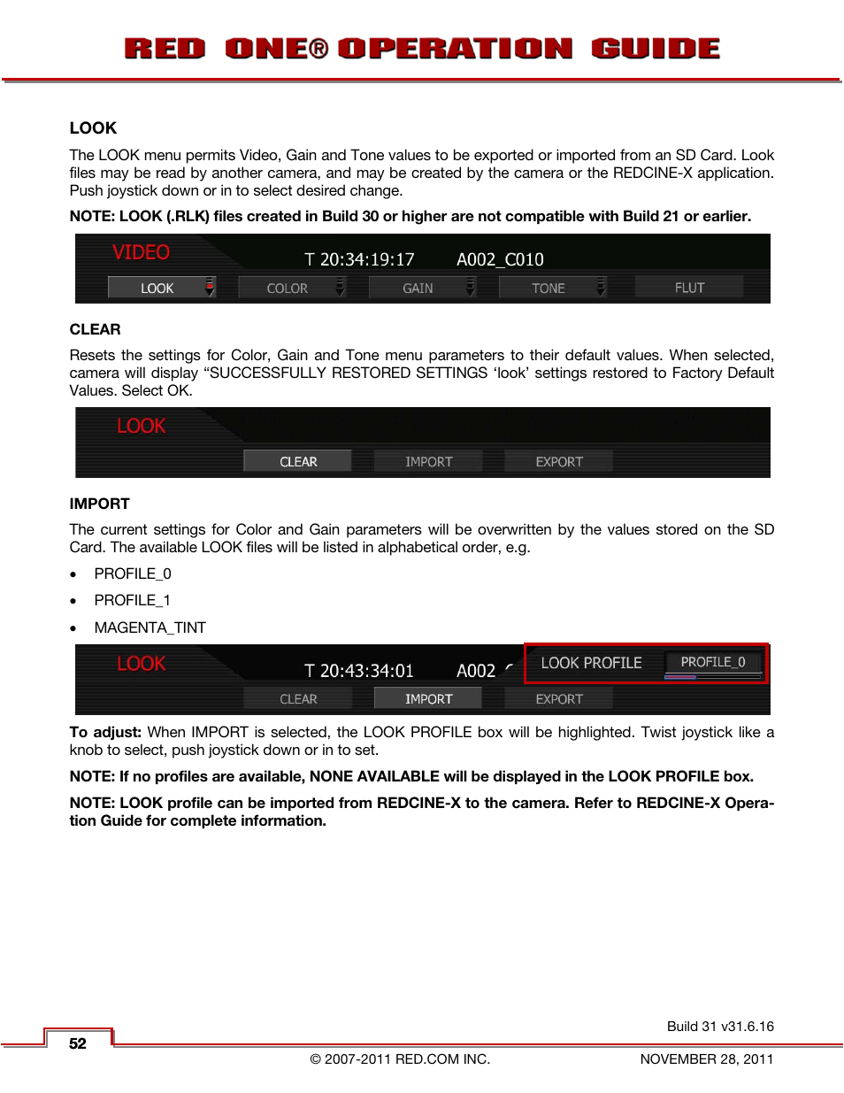 Look, Clear, Import | RED ONE OPERATION GUIDE User Manual | Page 53 / 165