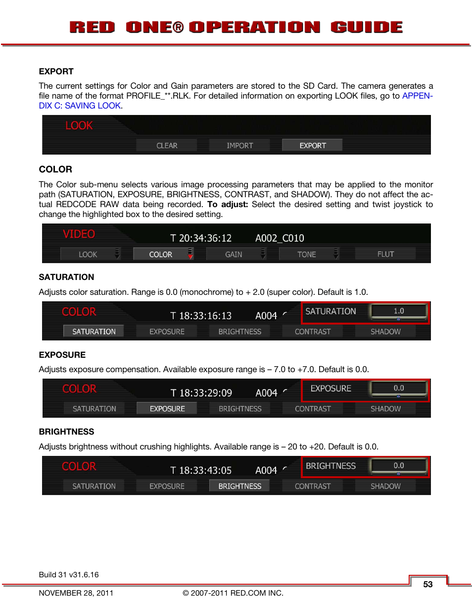Export, Color, Saturation | Exposure, Brightness | RED ONE OPERATION GUIDE User Manual | Page 54 / 165