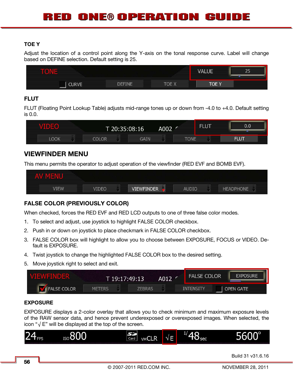 Toe y, Flut, Viewfinder menu | False color (previously color), Exposure, False color (previously, Color) | RED ONE OPERATION GUIDE User Manual | Page 57 / 165