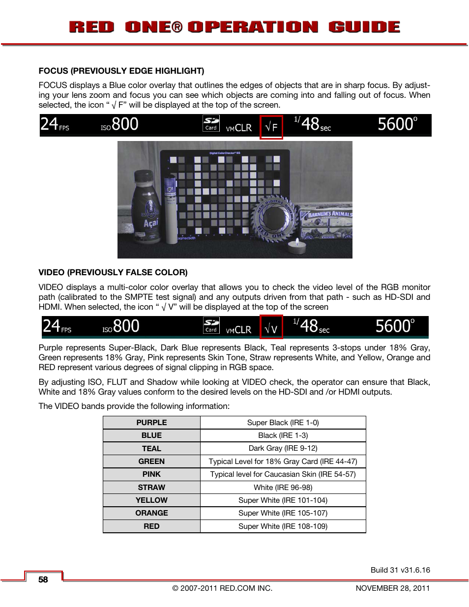 Focus (previously edge highlight), Video (previously false color) | RED ONE OPERATION GUIDE User Manual | Page 59 / 165
