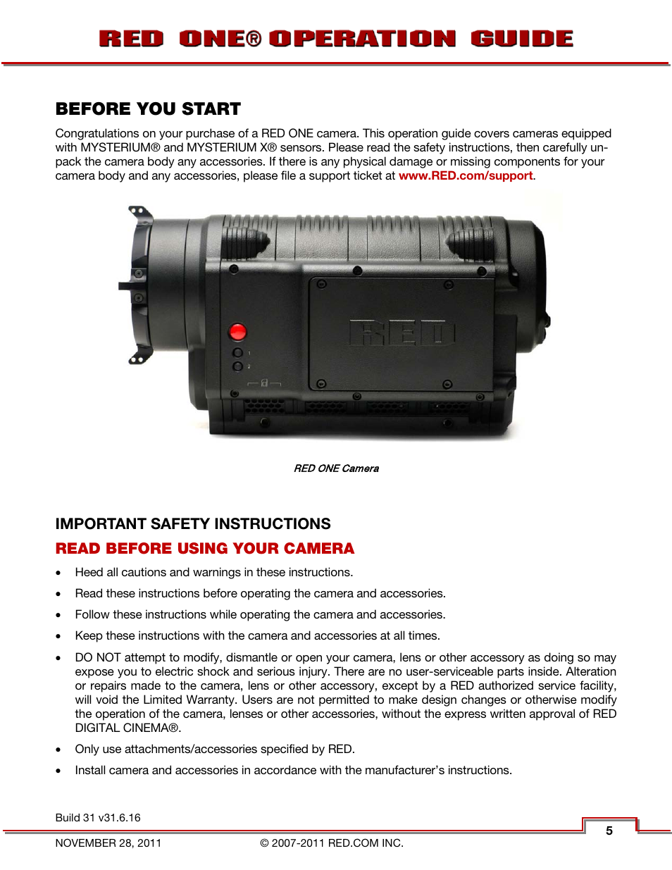 Before you start, Important safety instructions | RED ONE OPERATION GUIDE User Manual | Page 6 / 165