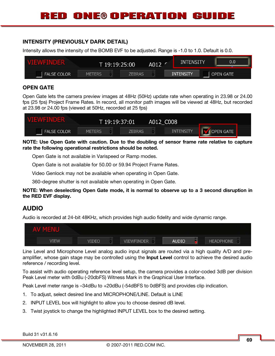 Intensity (previously dark detail), Open gate, Audio | Intensity (previously dark, Detail) | RED ONE OPERATION GUIDE User Manual | Page 70 / 165