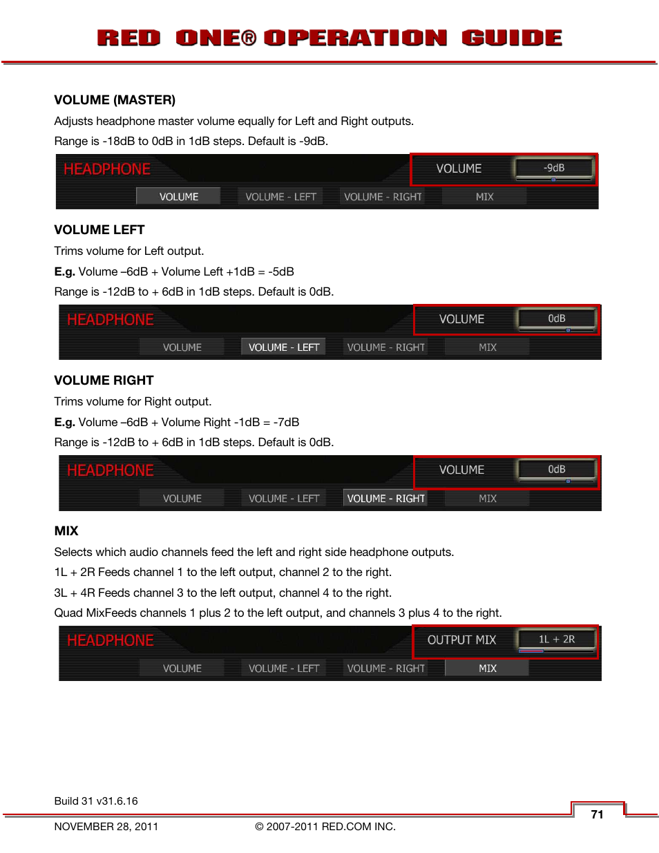 Volume (master), Volume left, Volume right | System | RED ONE OPERATION GUIDE User Manual | Page 72 / 165