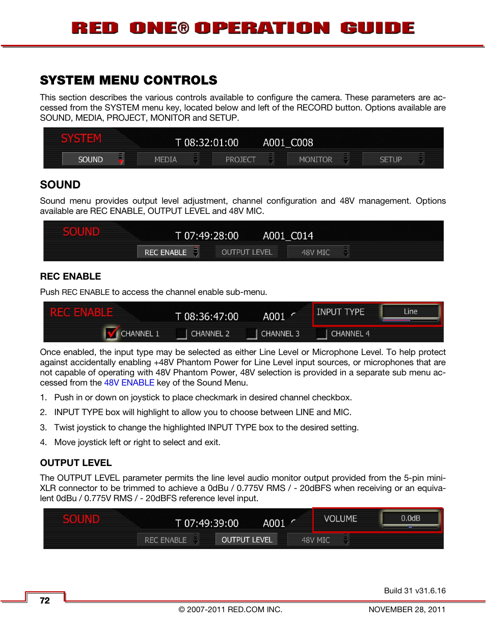 System menu controls, Sound, Rec enable | Output level | RED ONE OPERATION GUIDE User Manual | Page 73 / 165