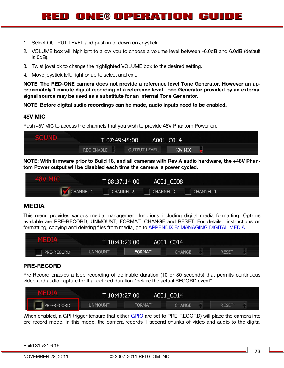 48v mic, Media, Pre-record | RED ONE OPERATION GUIDE User Manual | Page 74 / 165