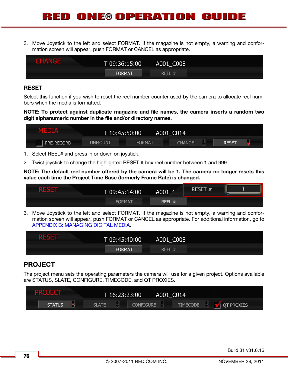 Reset, Project | RED ONE OPERATION GUIDE User Manual | Page 77 / 165