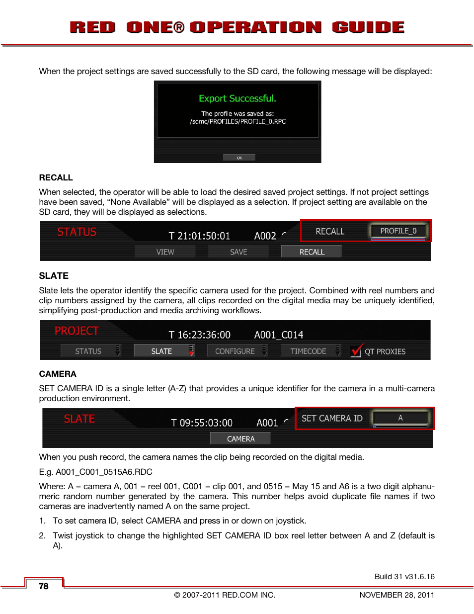 Recall, Slate, Camera | RED ONE OPERATION GUIDE User Manual | Page 79 / 165