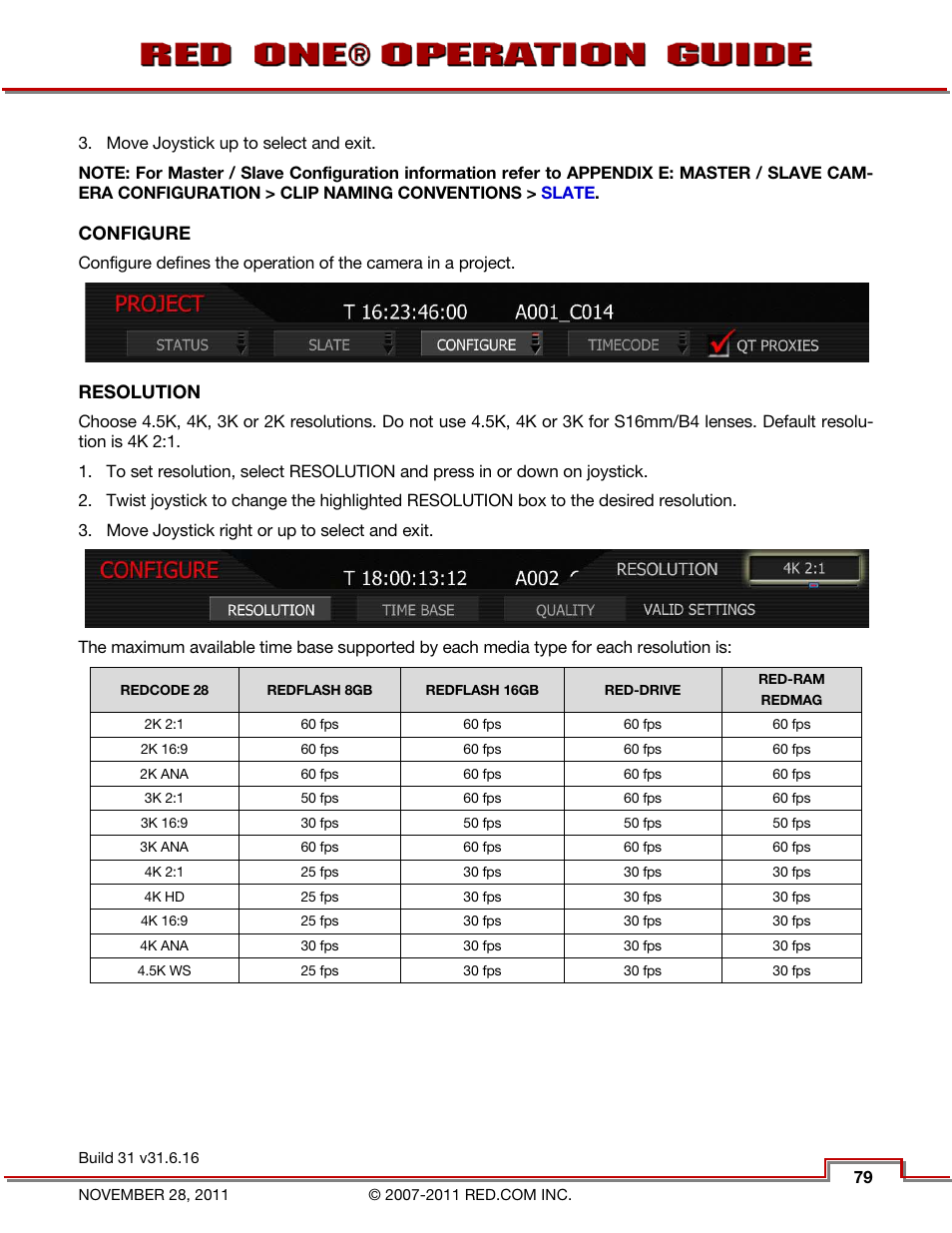 Configure, Resolution | RED ONE OPERATION GUIDE User Manual | Page 80 / 165