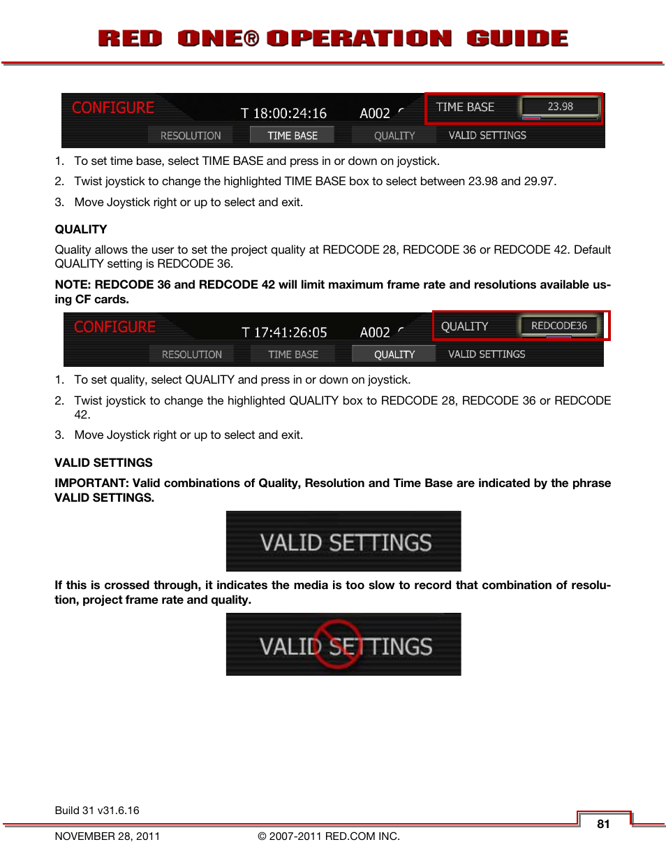 Quality, Valid settings, Timecode | RED ONE OPERATION GUIDE User Manual | Page 82 / 165