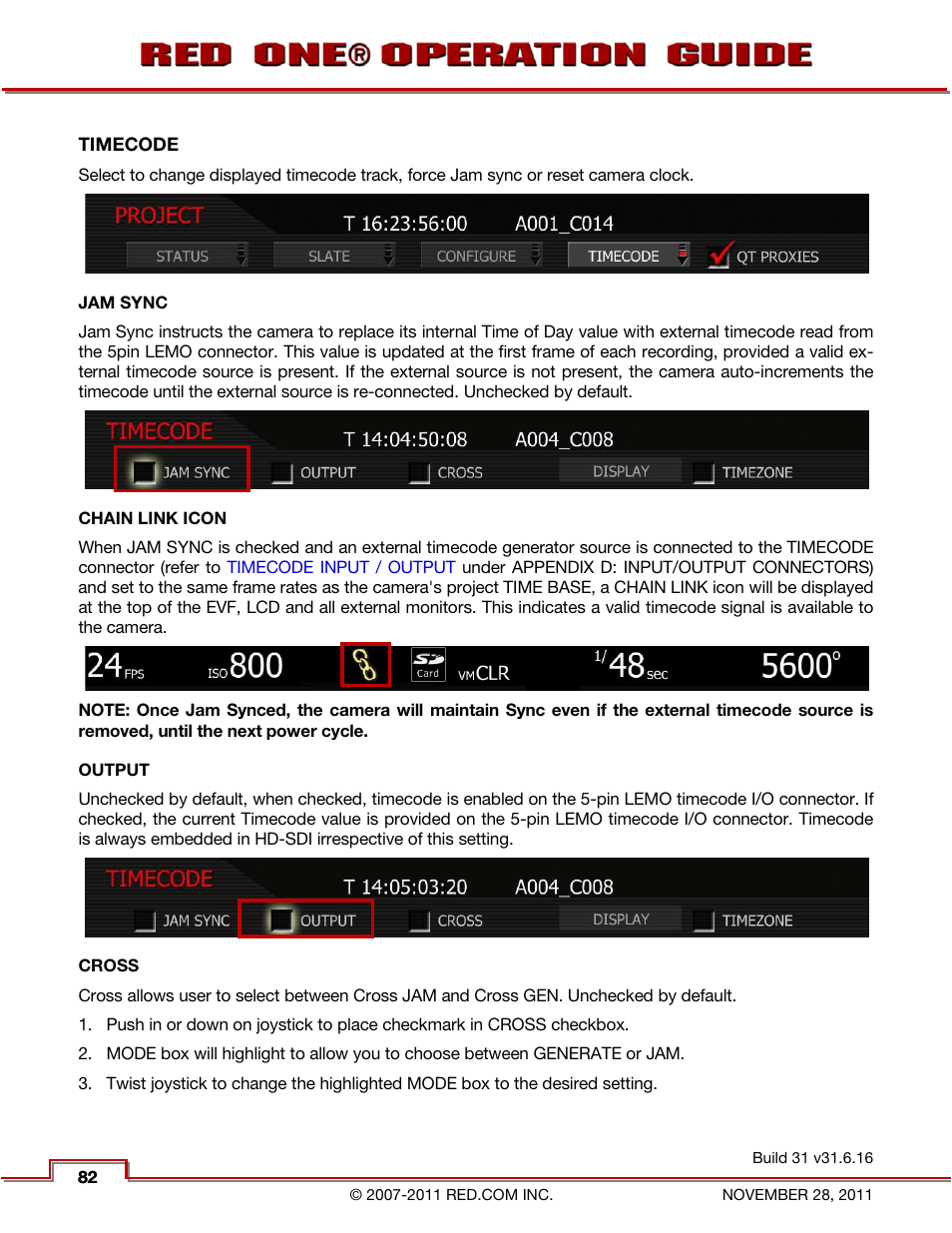 Timecode, Jam sync, Chain link icon | Output, Cross | RED ONE OPERATION GUIDE User Manual | Page 83 / 165