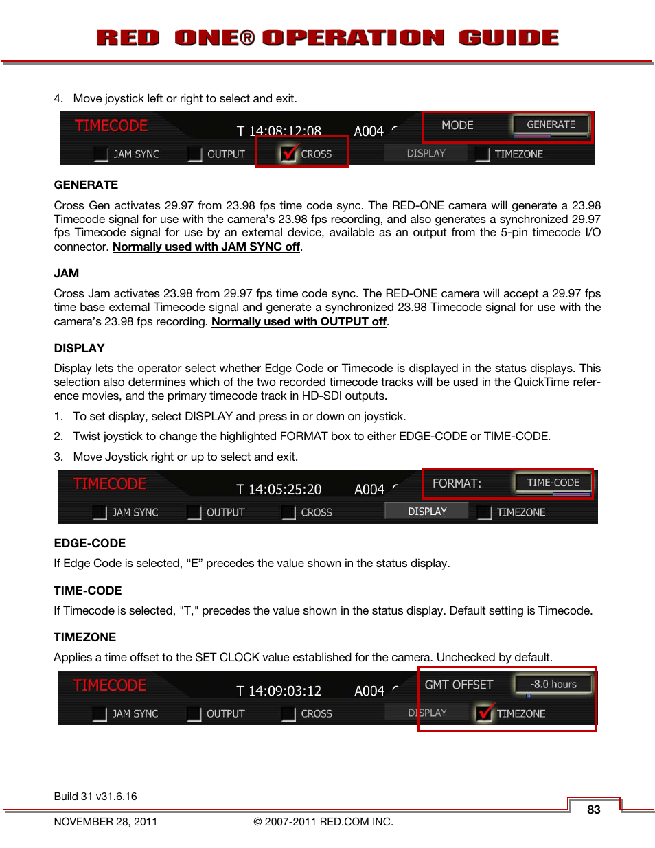 Generate, Display, Edge-code | Time-code, Timezone | RED ONE OPERATION GUIDE User Manual | Page 84 / 165