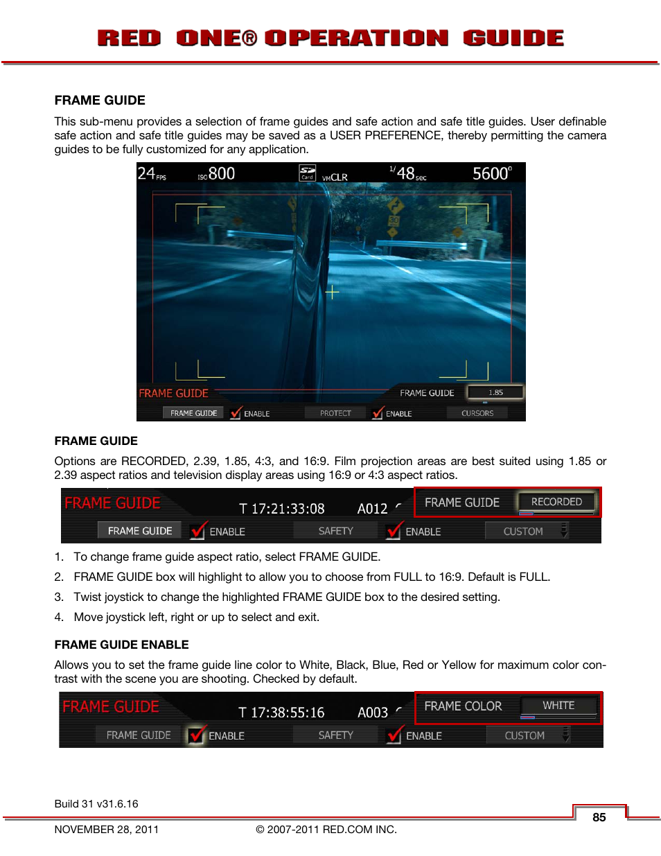 Frame guide, Frame guide enable | RED ONE OPERATION GUIDE User Manual | Page 86 / 165