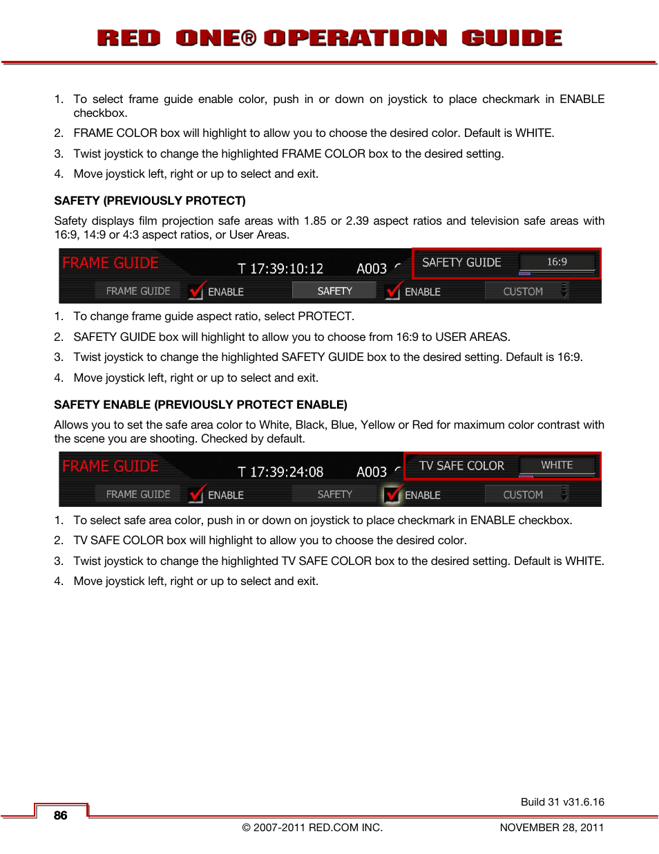 Safety (previously protect), Safety enable (previously protect enable) | RED ONE OPERATION GUIDE User Manual | Page 87 / 165