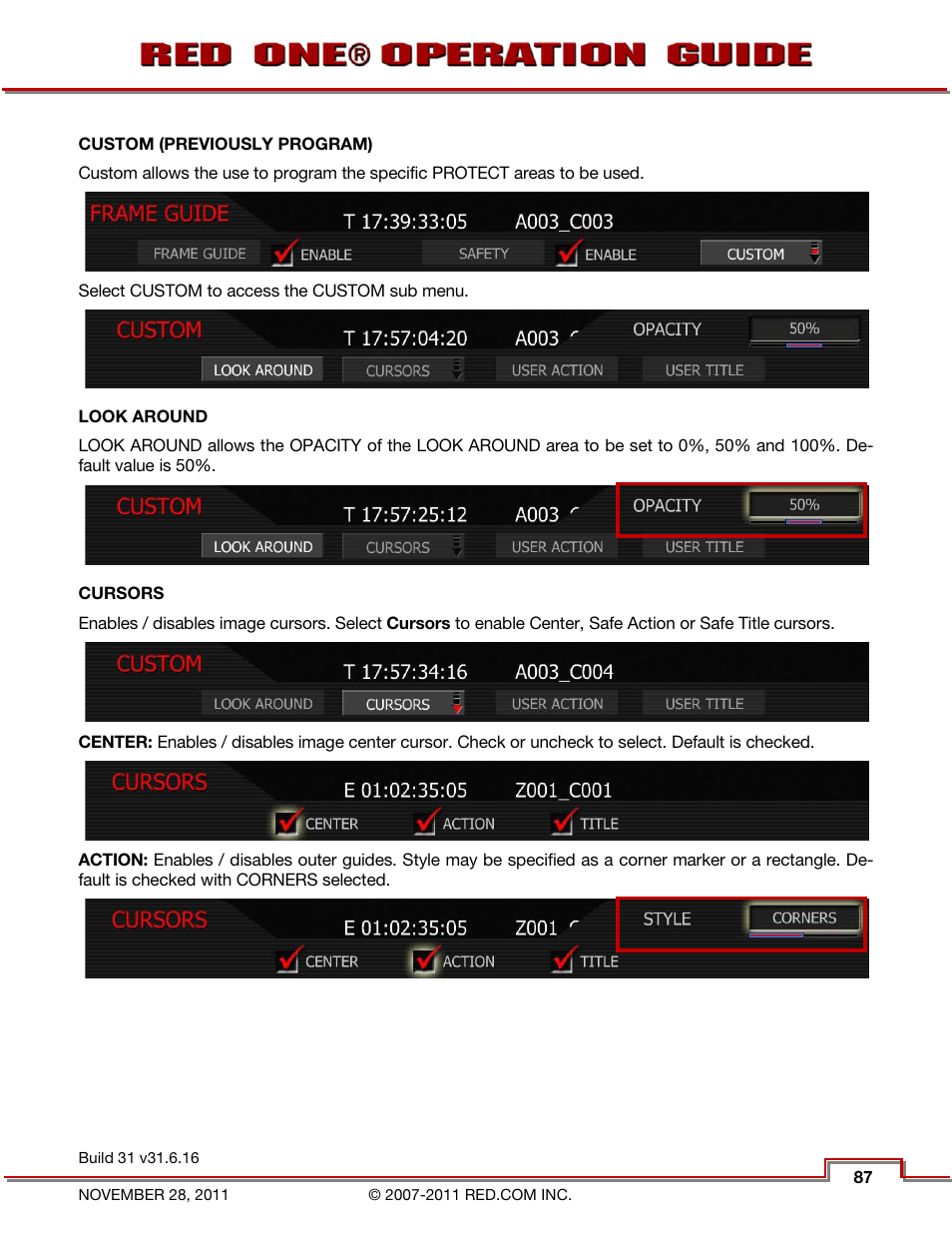 Custom (previously program), Look around, Cursors | RED ONE OPERATION GUIDE User Manual | Page 88 / 165