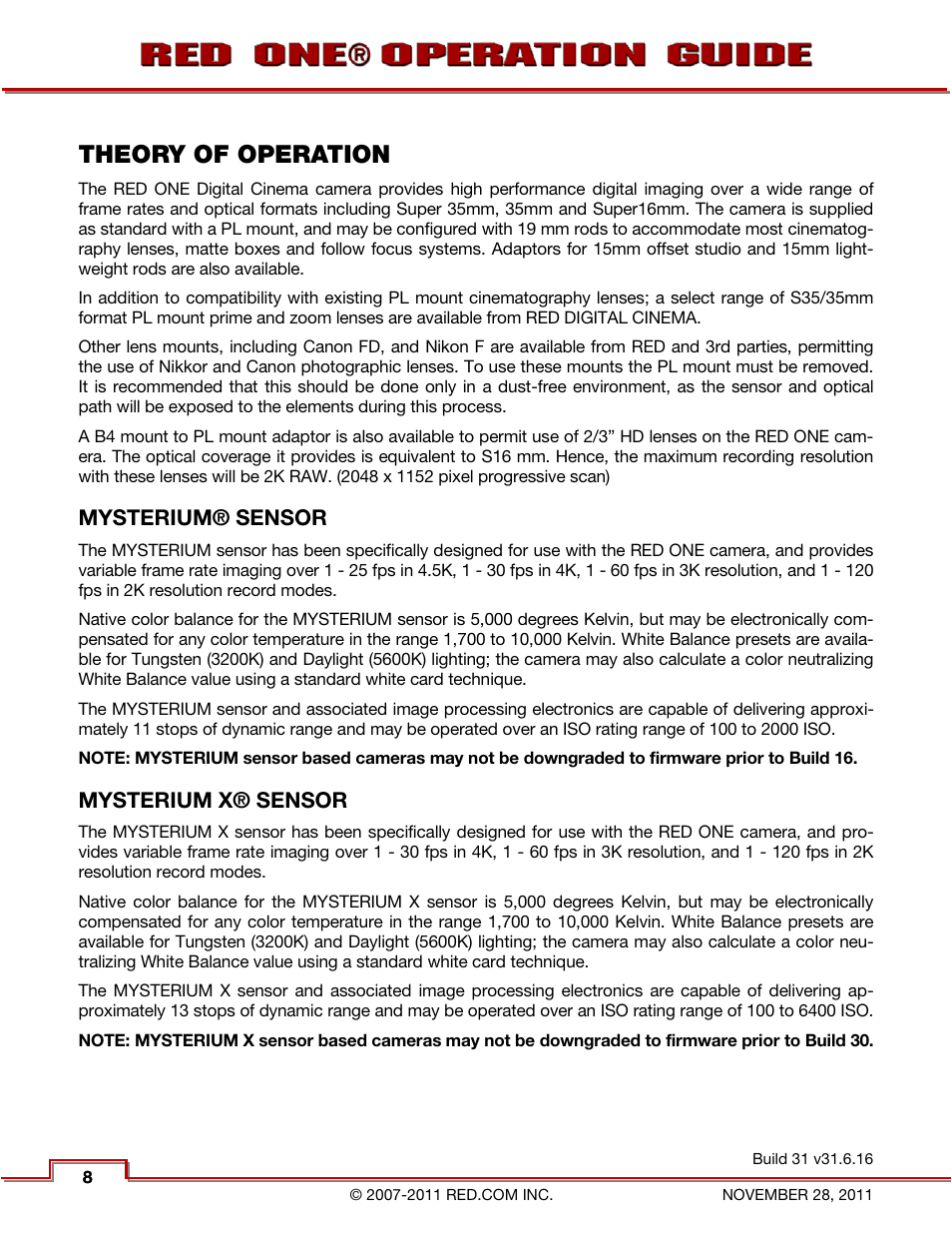 Theory of operation, Mysterium® sensor, Mysterium x® sensor | RED ONE OPERATION GUIDE User Manual | Page 9 / 165
