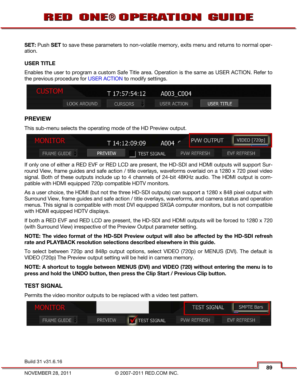 User title, Preview, Test signal | RED ONE OPERATION GUIDE User Manual | Page 90 / 165