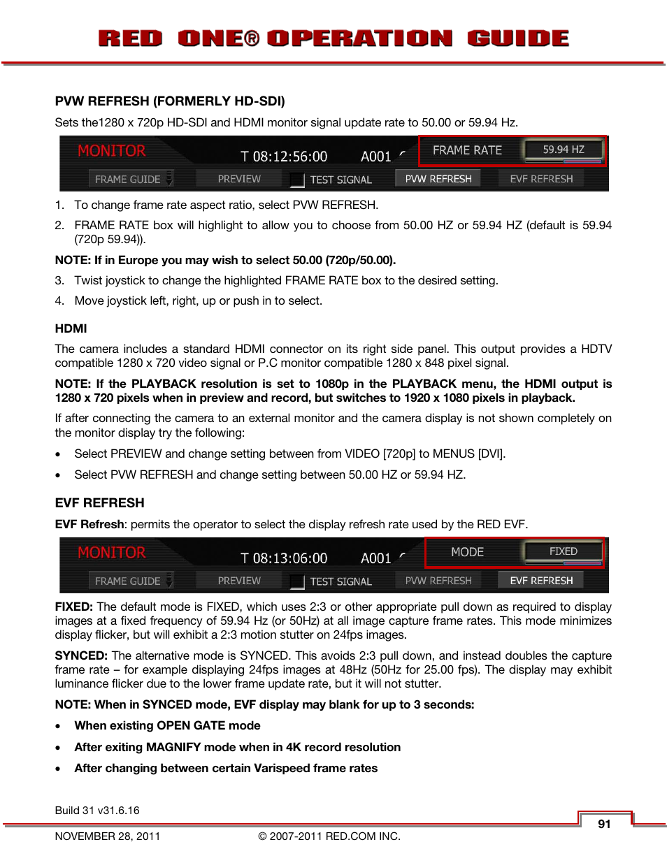 Pvw refresh (formerly hd-sdi), Hdmi, Evf refresh | RED ONE OPERATION GUIDE User Manual | Page 92 / 165