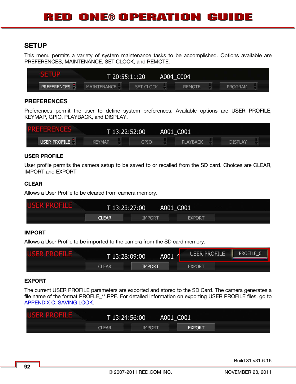 Setup, Preferences, User profile | Clear, Import, Export | RED ONE OPERATION GUIDE User Manual | Page 93 / 165