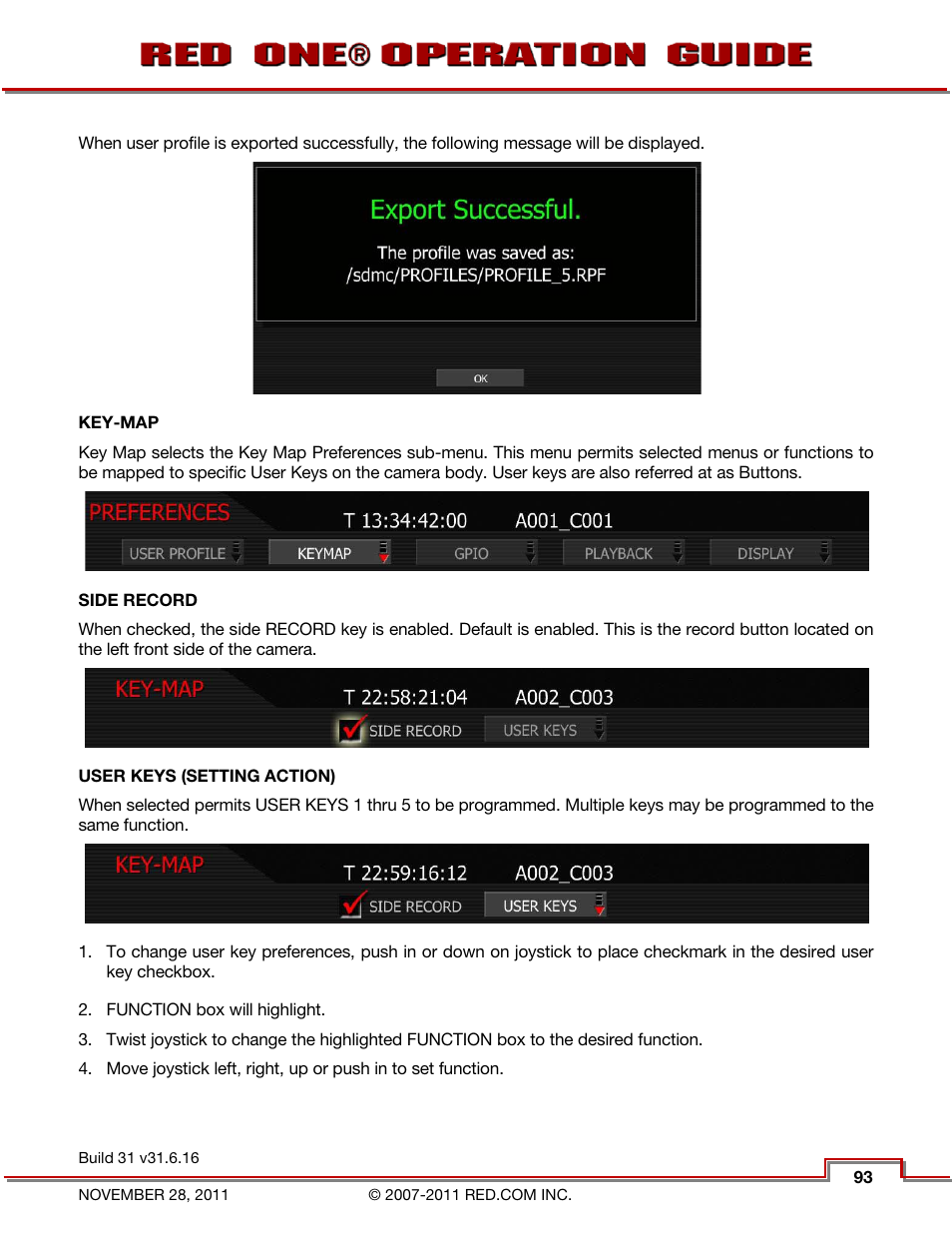 Key-map, Side record, User keys (setting action) | RED ONE OPERATION GUIDE User Manual | Page 94 / 165
