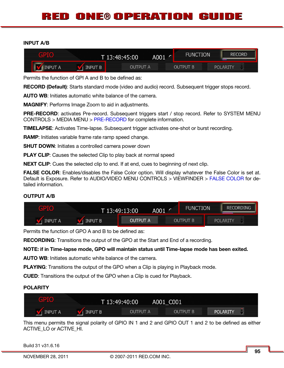 Input a/b, Output a/b, Polarity | Gpio | RED ONE OPERATION GUIDE User Manual | Page 96 / 165