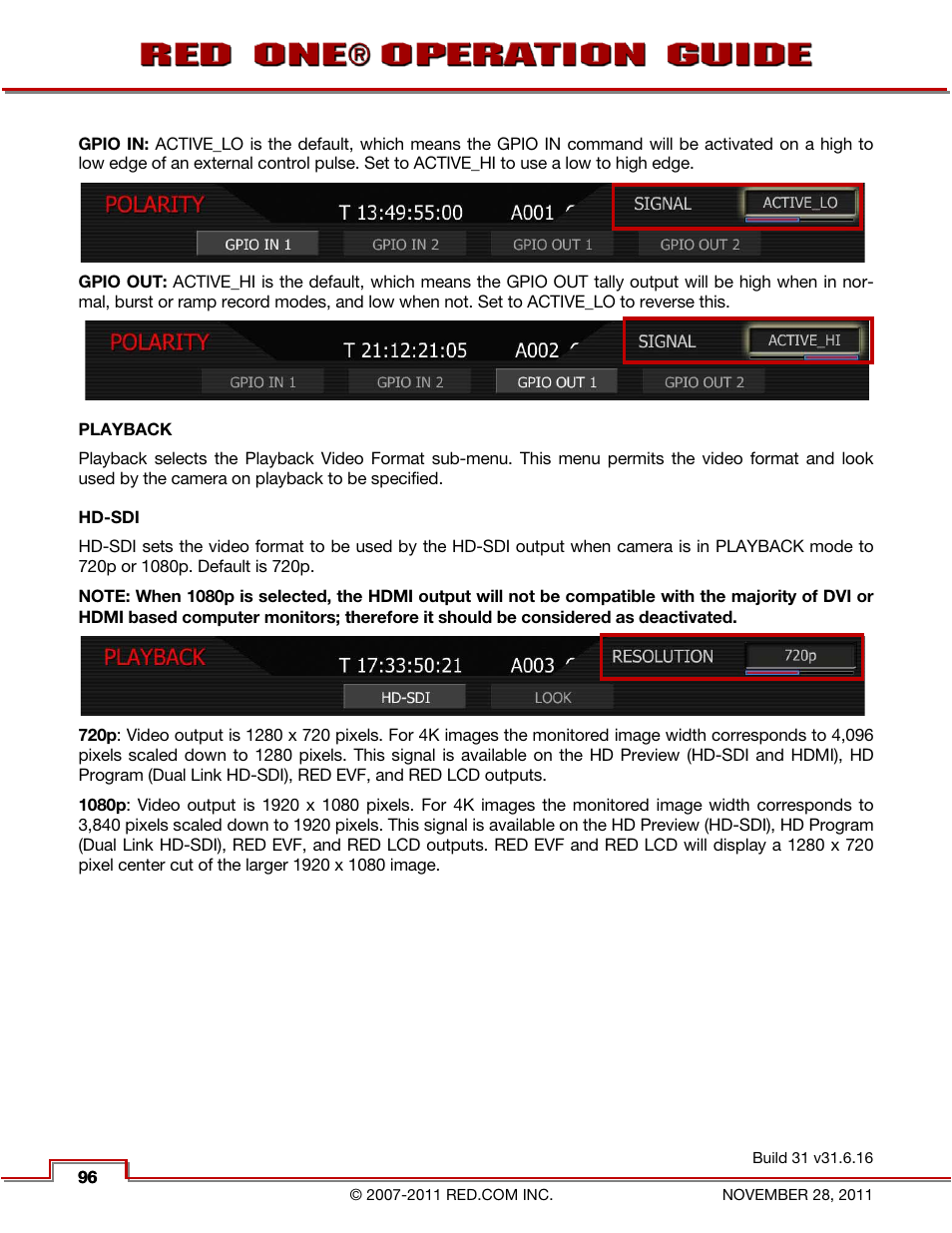 Playback, Hd-sdi, Playback mode | Playback look | RED ONE OPERATION GUIDE User Manual | Page 97 / 165
