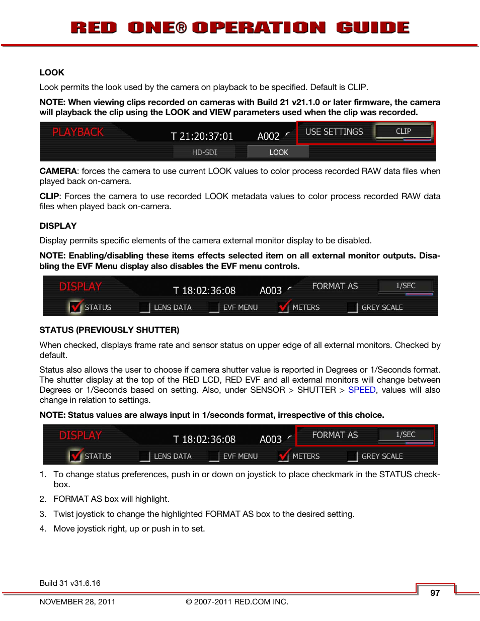 Look, Display, Status (previously shutter) | RED ONE OPERATION GUIDE User Manual | Page 98 / 165