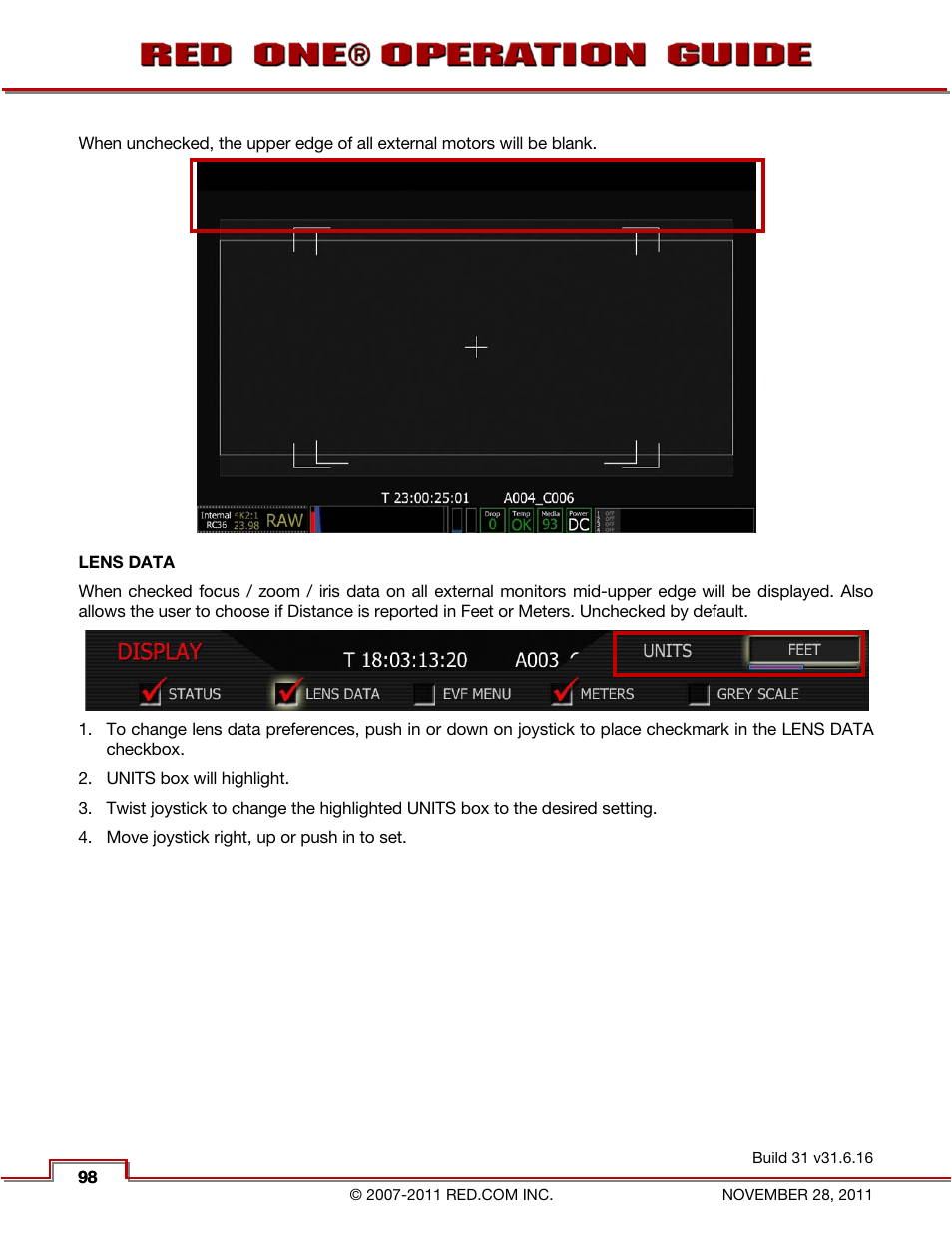 Lens data, Menu | RED ONE OPERATION GUIDE User Manual | Page 99 / 165