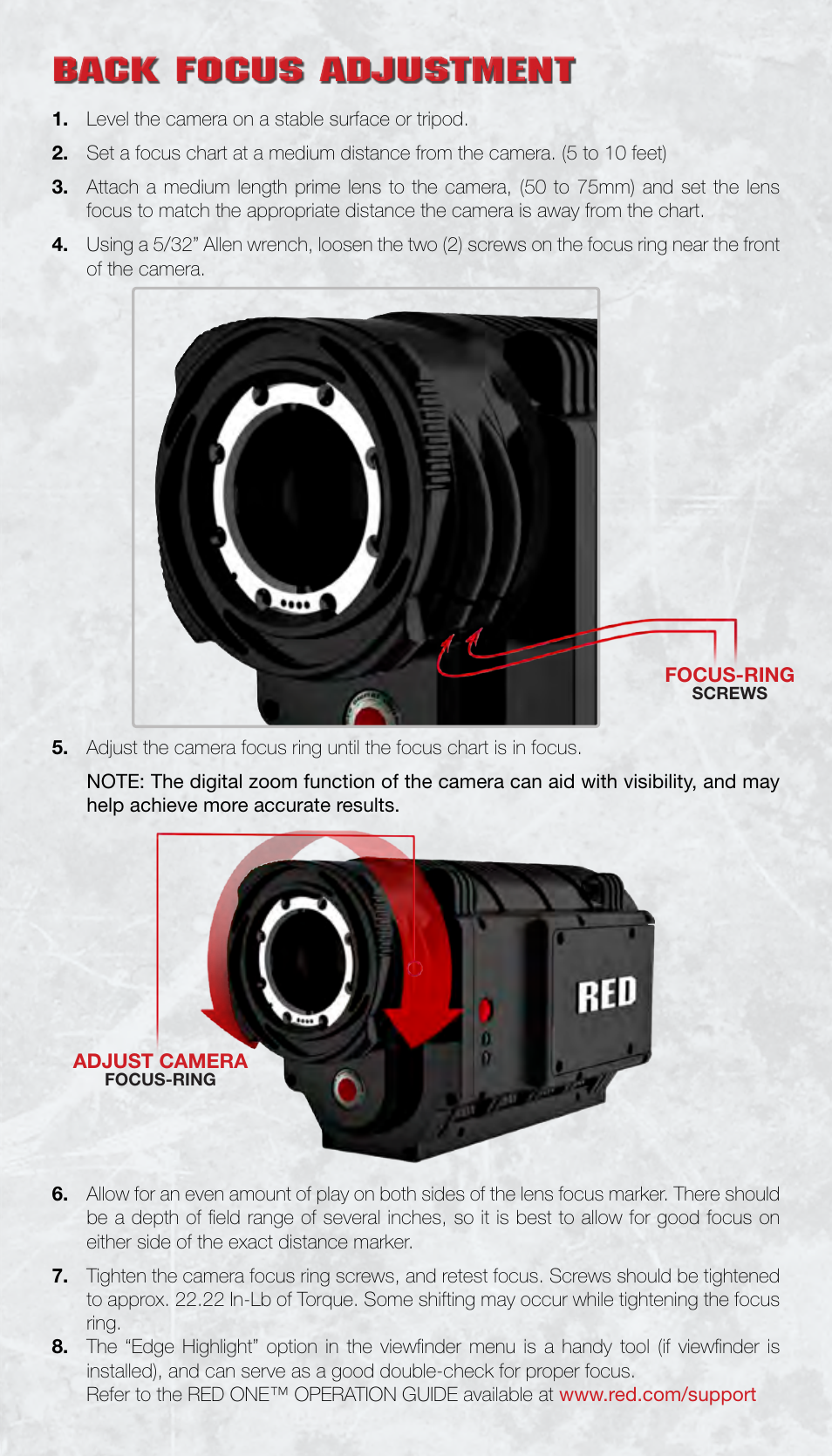 Back focus adjustment | RED ONE QSG User Manual | Page 11 / 12