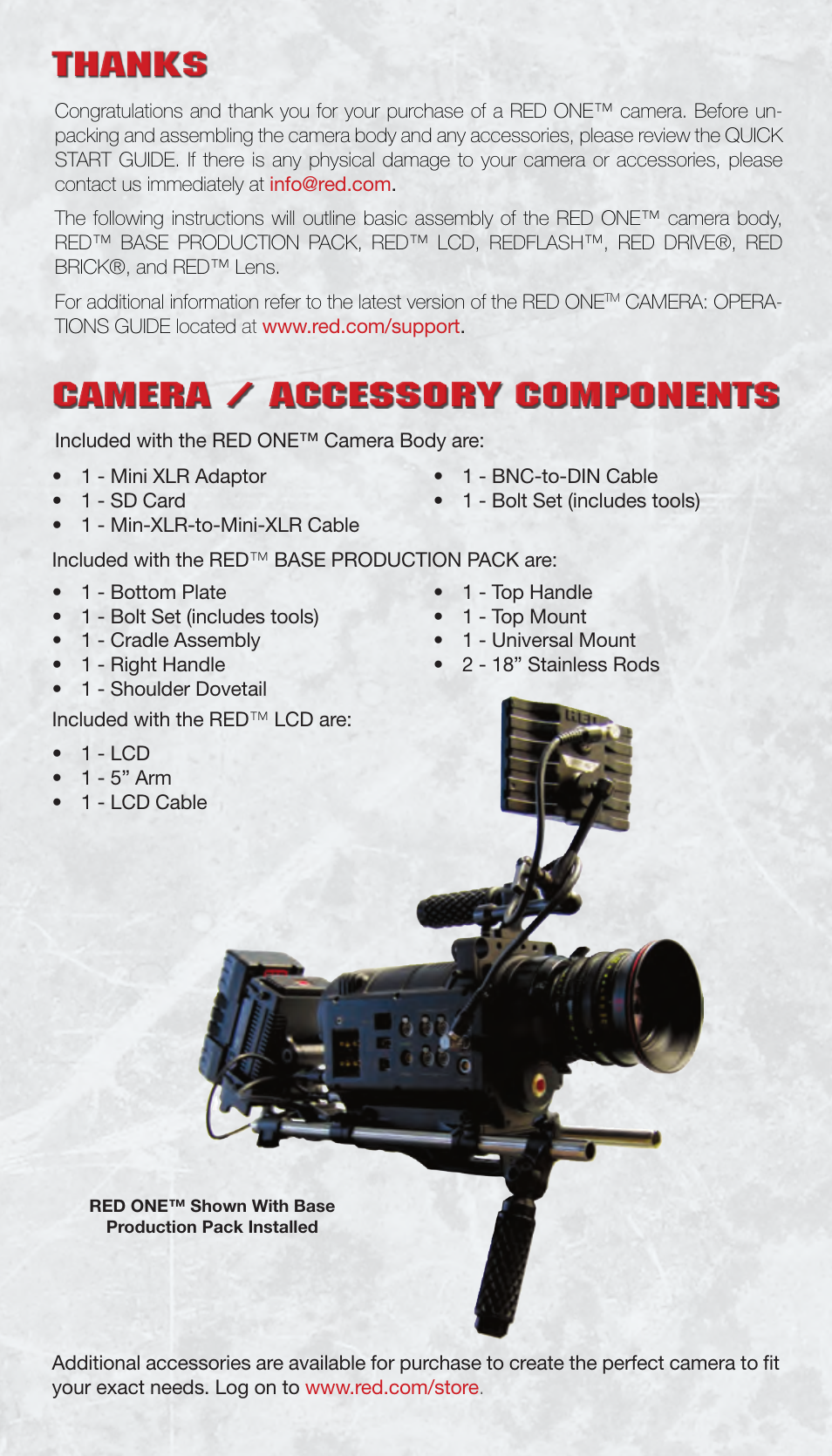 Thanks, Camera / accessory components | RED ONE QSG User Manual | Page 2 / 12