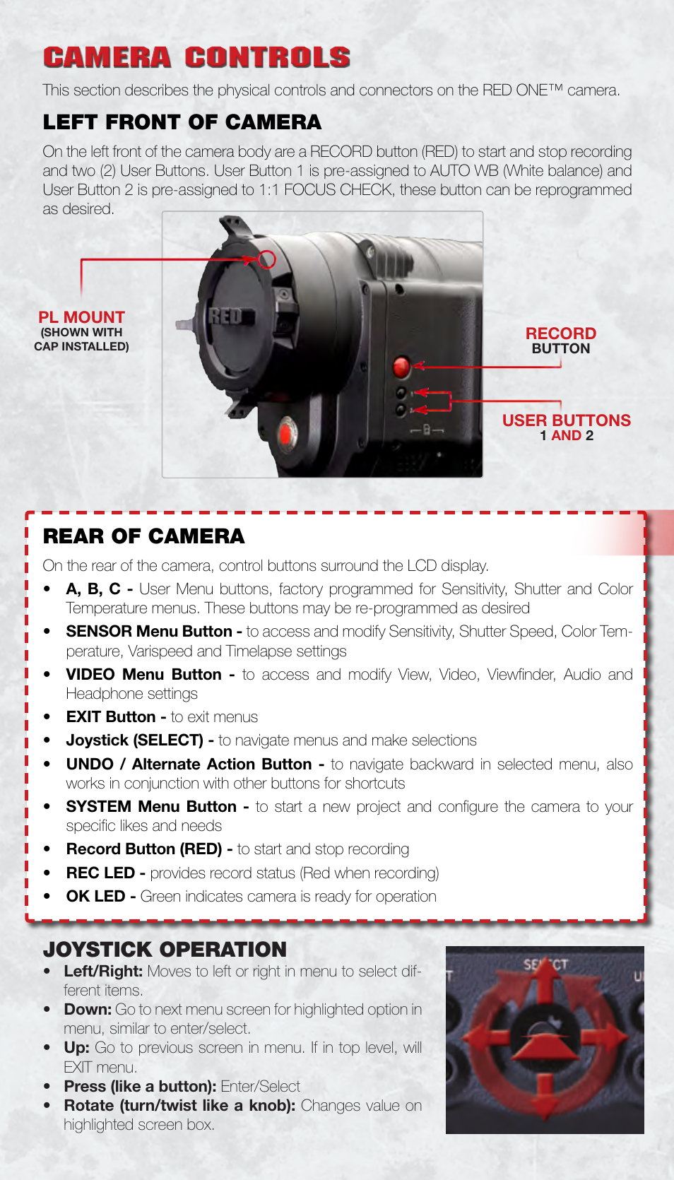 Camera controls, Left front of camera, Rear of camera | Joystick operation | RED ONE QSG User Manual | Page 8 / 12