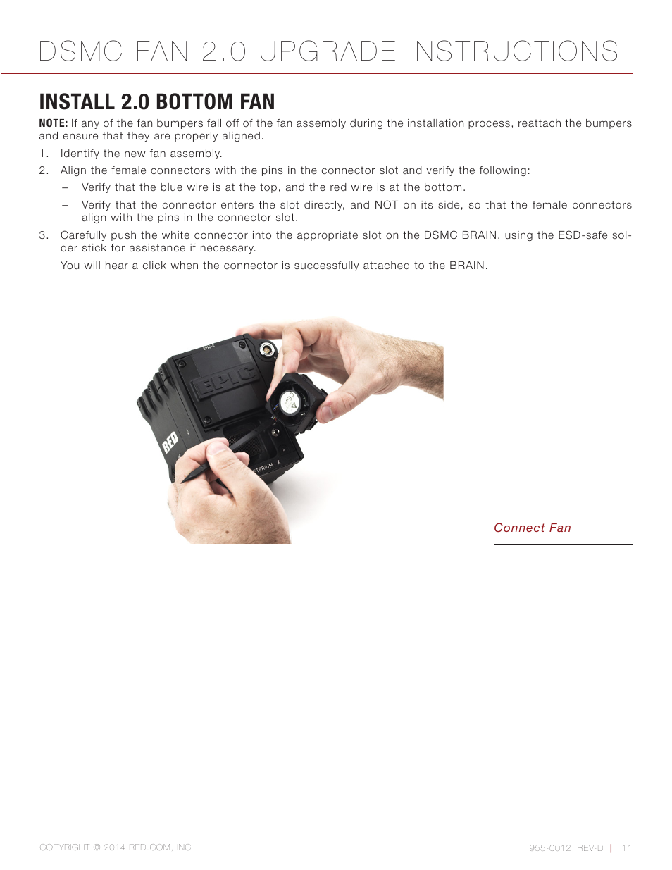 Install 2.0 bottom fan, Dsmc fan 2.0 upgrade instructions | RED DSMC FAN 2.0 UPGRADE User Manual | Page 11 / 28