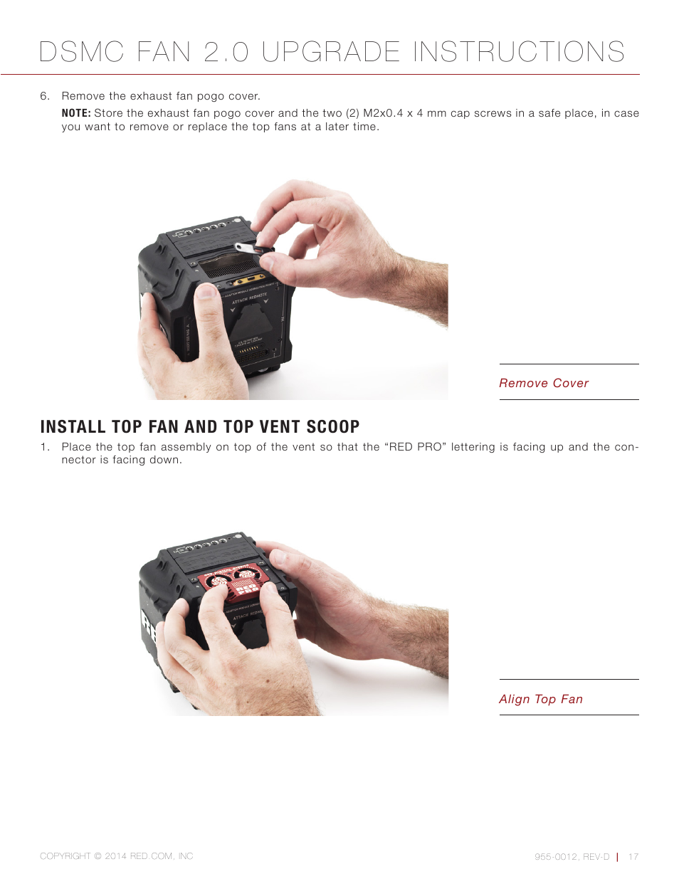 Install top fan and top vent scoop, Dsmc fan 2.0 upgrade instructions | RED DSMC FAN 2.0 UPGRADE User Manual | Page 17 / 28
