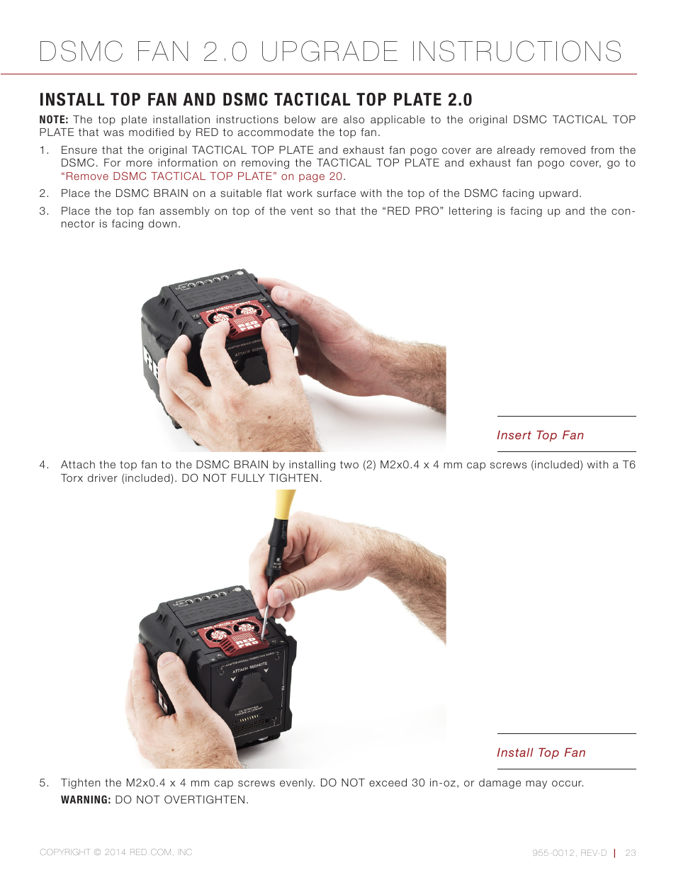 Install top fan and dsmc tactical top plate 2.0, Dsmc fan 2.0 upgrade instructions | RED DSMC FAN 2.0 UPGRADE User Manual | Page 23 / 28