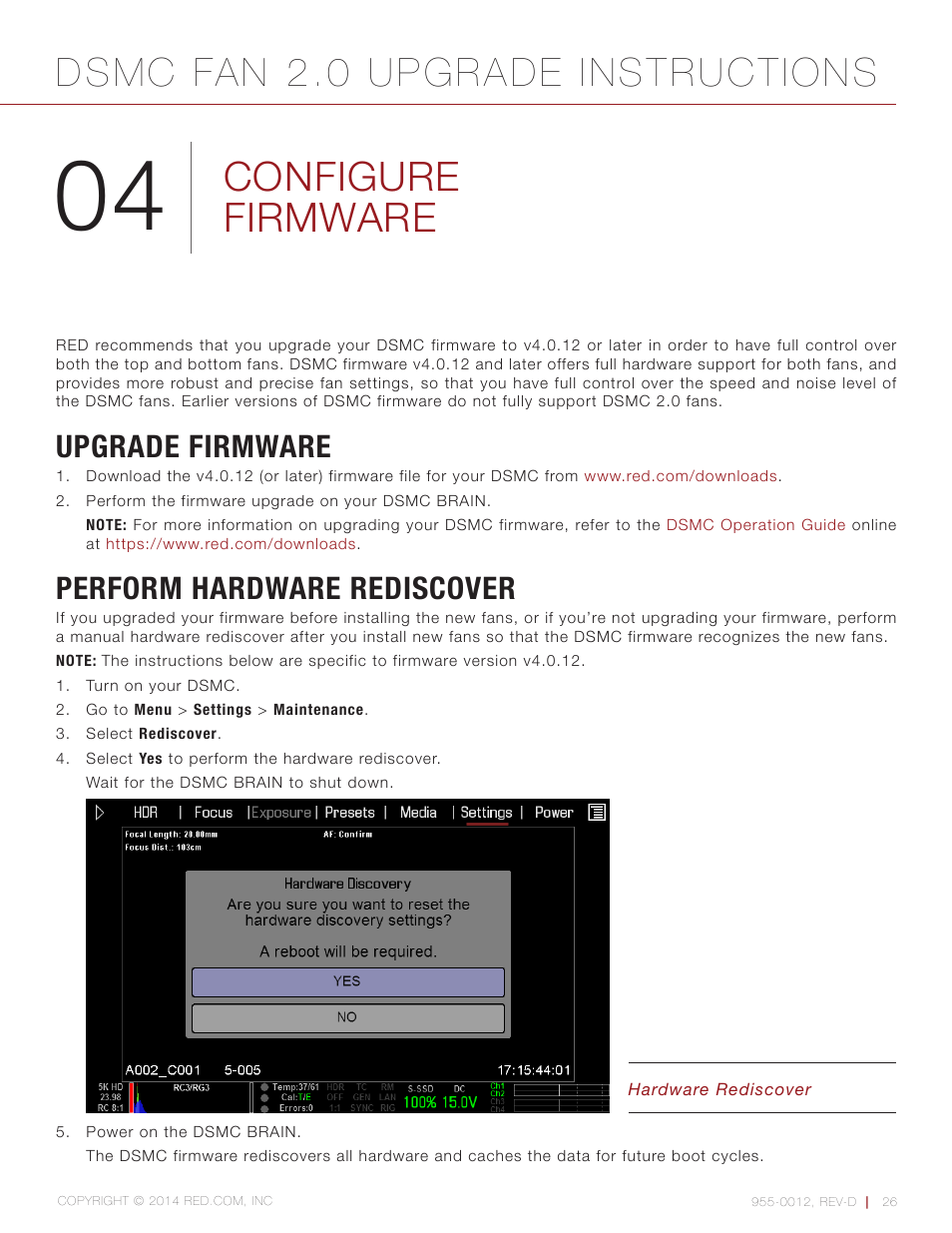 Configure firmware, Upgrade firmware, Perform hardware rediscover | Dsmc fan 2.0 upgrade instructions | RED DSMC FAN 2.0 UPGRADE User Manual | Page 26 / 28