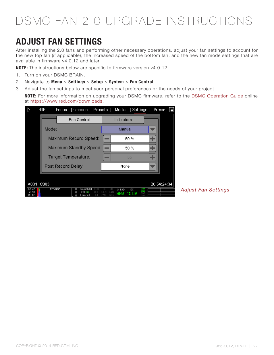 Adjust fan settings, Dsmc fan 2.0 upgrade instructions | RED DSMC FAN 2.0 UPGRADE User Manual | Page 27 / 28