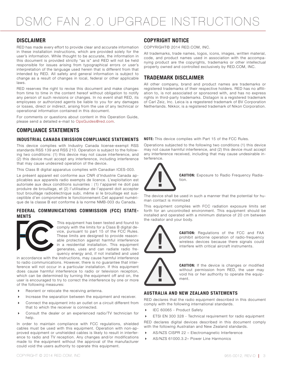 Disclaimer, Copyright notice, Trademark disclaimer | Compliance statements, Disclaimer 3, Dsmc fan 2.0 upgrade instructions | RED DSMC FAN 2.0 UPGRADE User Manual | Page 3 / 28
