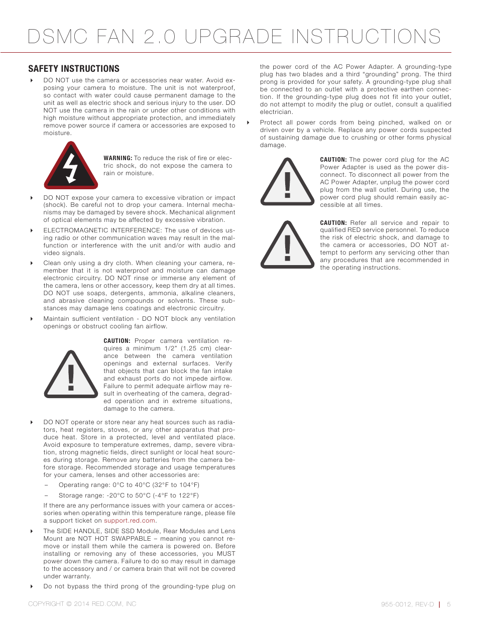 Safety instructions, Dsmc fan 2.0 upgrade instructions | RED DSMC FAN 2.0 UPGRADE User Manual | Page 5 / 28