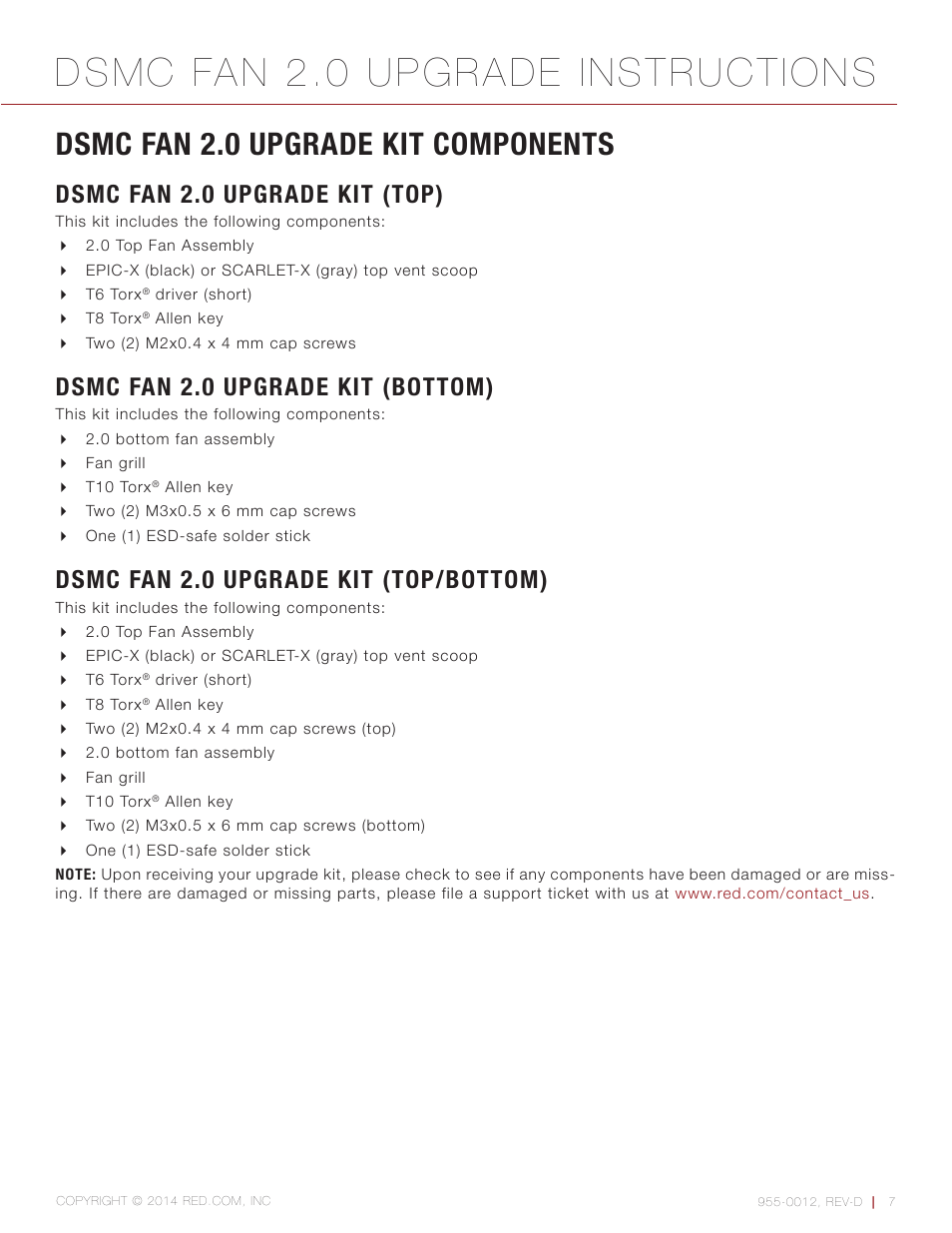 Dsmc fan 2.0 upgrade kit components, Dsmc fan 2.0 upgrade kit (top), Dsmc fan 2.0 upgrade kit (bottom) | Dsmc fan 2.0 upgrade kit (top/bottom), Dsmc fan 2.0 upgrade instructions | RED DSMC FAN 2.0 UPGRADE User Manual | Page 7 / 28